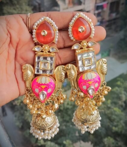 KASHMIRI  EARRINGS JHUMKA STONE-ORANGE,PINK,WHITE