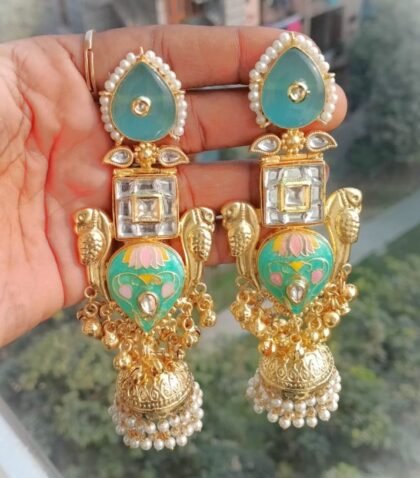 KASHMIRI  EARRINGS JHUMKA STONE-WHITE,LIGHT BLUE