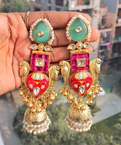 KASHMIRI  EARRINGS JHUMKA STONE-TEAL, RED
