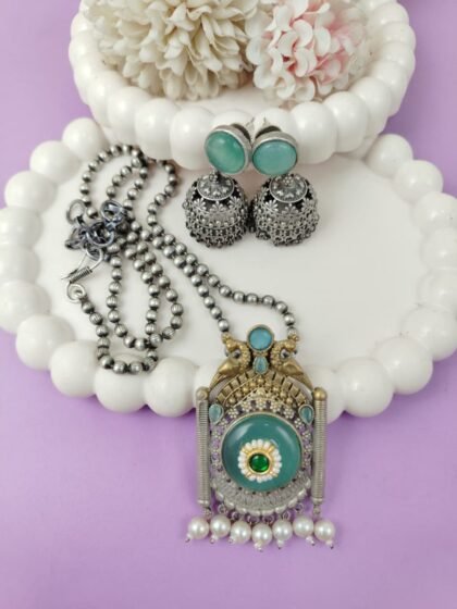 DUAL TONE CHAIN PENDANT SET STONE -TEAL