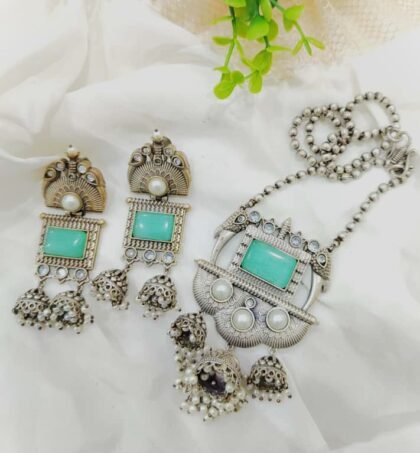 SILVER  CHAIN PENDANT SET STONE - TEAL