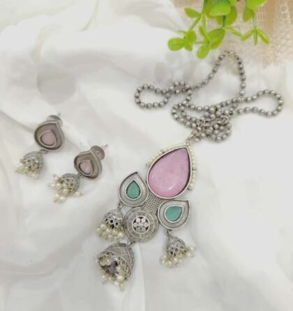 SILVER  CHAIN PENDANT SET STONE -PINK ,TEAL