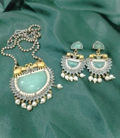 SILVER  CHAIN PENDANT SET STONE - TEAL