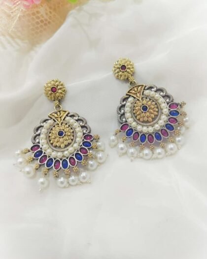 DUAL TONE EARRINGS STONE-RED BLUE