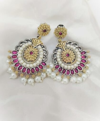 DUAL TONE EARRINGS STONE-RED