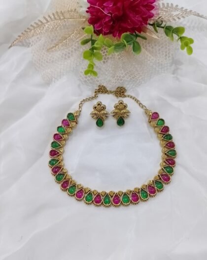 GOLDEN NECKLACE SET STONE-RED,GREEN