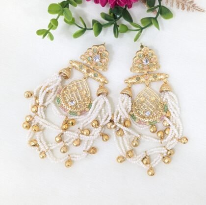 KASHMIRI GOLDEN EARRING STONE-PINK ,TEAL