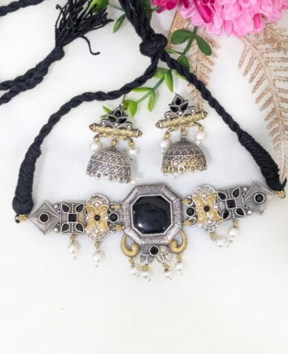 NECKLACE SET DUAL TONE CHOKER -BLACK