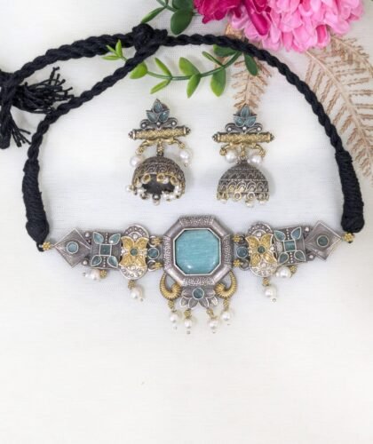 NECKLACE SET DUAL TONE CHOKER -TEAL