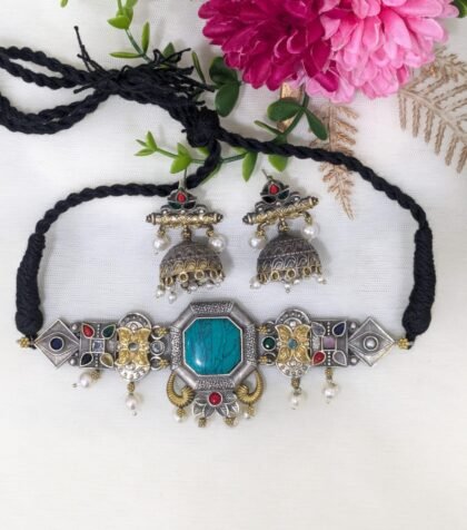 NECKLACE SET DUAL TONE CHOKER -FIROZI