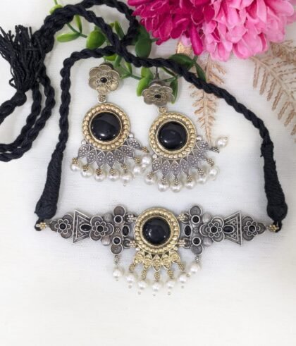 NECKLACE SET DUAL TONE CHOKER -BLACK