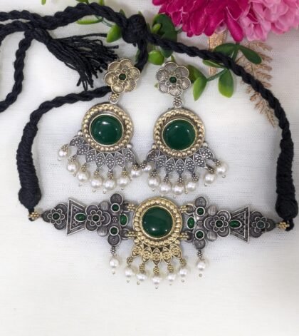 NECKLACE SET DUAL TONE CHOKER -GREEN