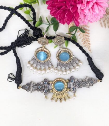NECKLACE SET DUAL TONE CHOKER -LIGHT BLUE