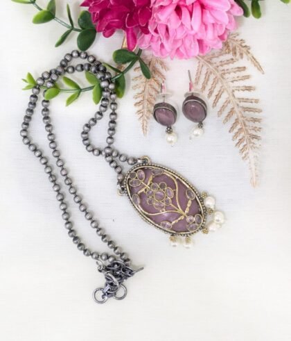 DUAL TONE CHAIN PENDANT SET STONE -PINK