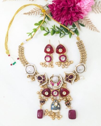 NECKLACE SET DUAL TONE STONE -RED