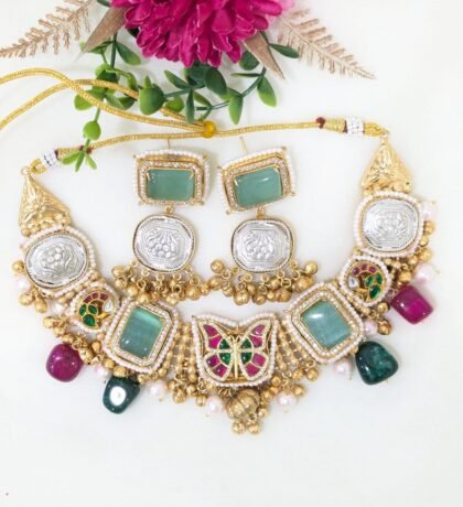 NECKLACE SET DUAL TONE STONE - TEAL, GREEN,RED