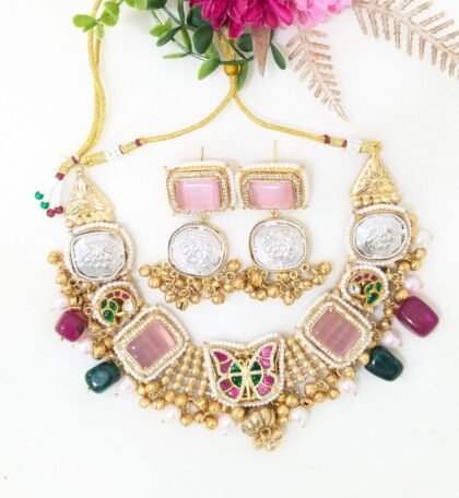 NECKLACE SET DUAL TONE STONE - PINK,GREEN ,RED