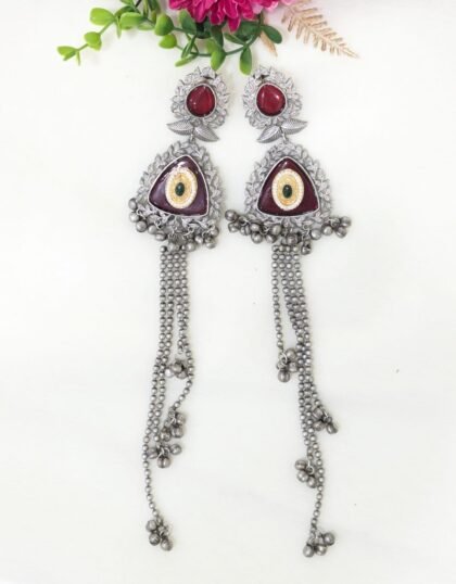 KASHMIRI DUAL TONE EARRING STONE-RED