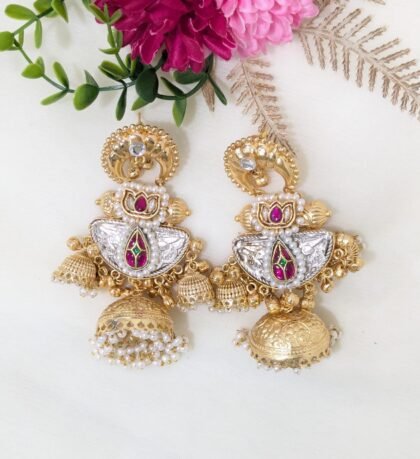KASHMIRI DUAL TONE EARRING PACHI KUNDAN