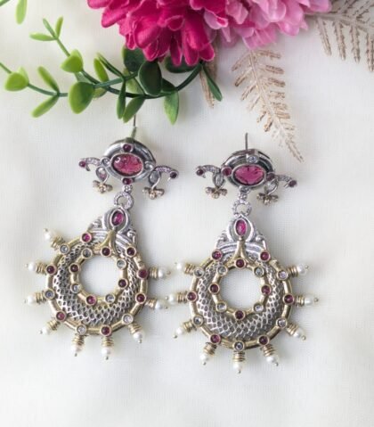 DUAL TONE EARRING STONE -RED,WHITE