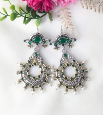 DUAL TONE EARRING STONE -GREEN