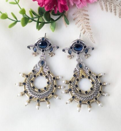 DUAL TONE EARRING STONE -BLUE
