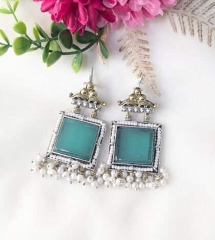 DUAL TONE EARRING STONE -TEAL