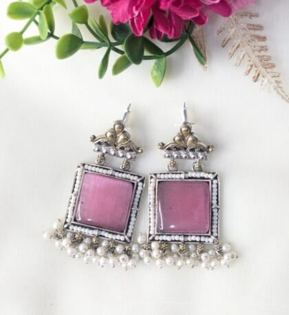 DUAL TONE EARRING STONE -PINK