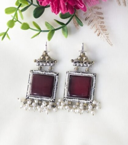DUAL TONE EARRING STONE -RED