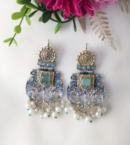 DUAL TONE EARRING STONE -TEAL
