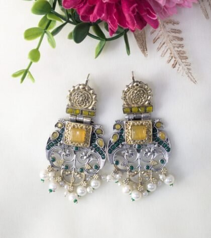 DUAL TONE EARRING STONE -GREEN ,YELLOW