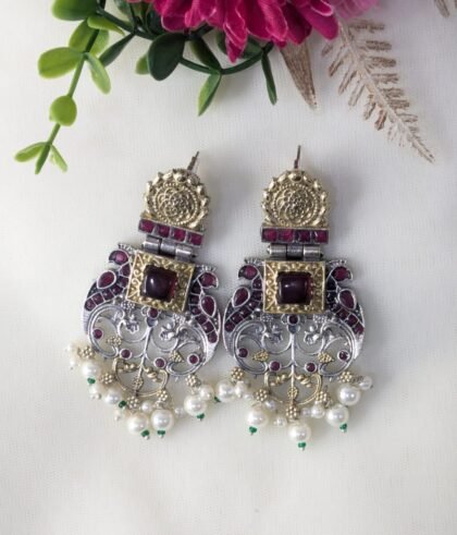 DUAL TONE EARRING STONE -RED