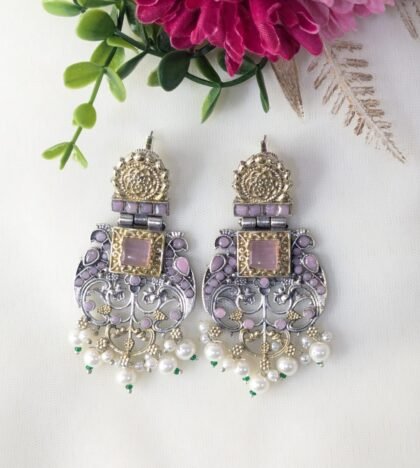 DUAL TONE EARRING STONE -PINK