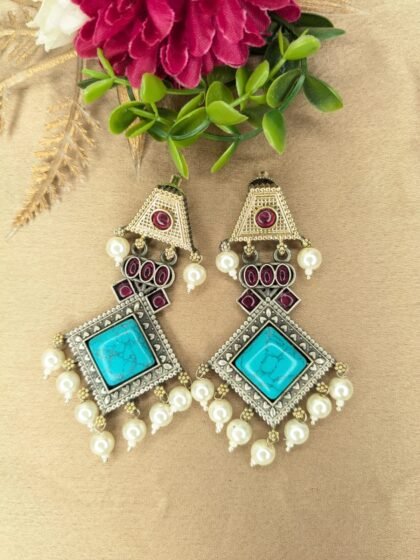 DUAL TONE EARRING STONE -FIROZI