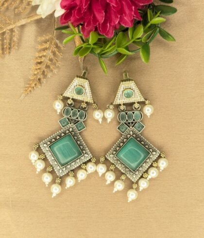 DUAL TONE EARRING STONE -TEAL