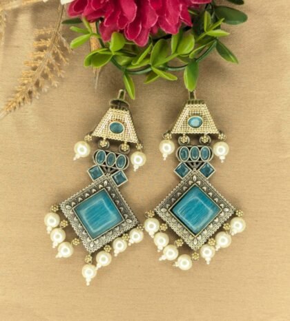 DUAL TONE EARRING STONE -LIGHT BLUE
