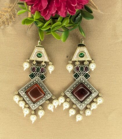 DUAL TONE EARRING STONE -RED