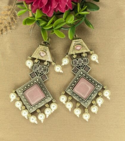 DUAL TONE EARRING STONE -PINK