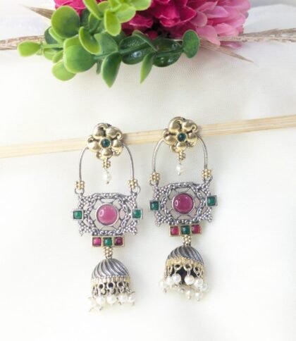 DUAL TONE EARRING JHUMKA STON -RED ,GREEN