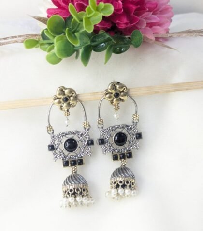 DUAL TONE EARRING JHUMKA STON -BLACK