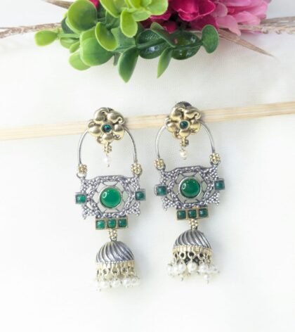 DUAL TONE EARRING JHUMKA STON -GREEN