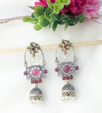 DUAL TONE EARRING JHUMKA STON -RED