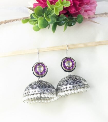 DUAL TONE EARRING JHUMKA PACHI KUNDAN -PURPLE