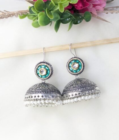 DUAL TONE EARRING JHUMKA PACHI KUNDAN -GREEN