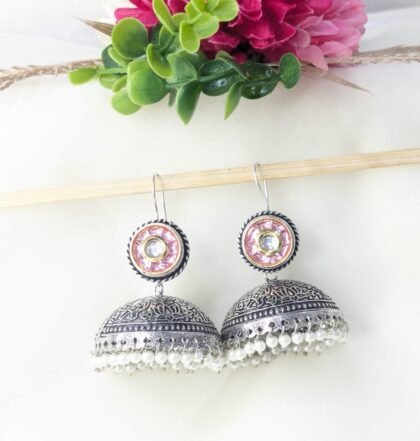 DUAL TONE EARRING JHUMKA PACHI KUNDAN -PINK