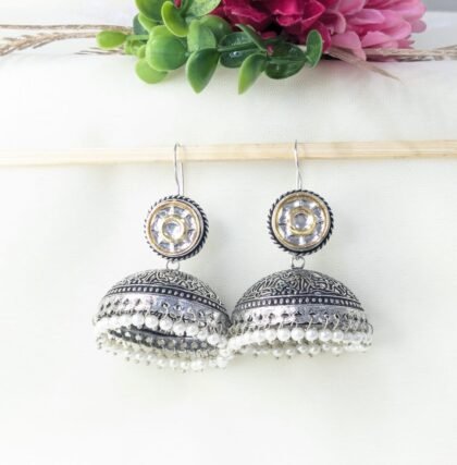 DUAL TONE EARRING JHUMKA PACHI KUNDAN -WHITE