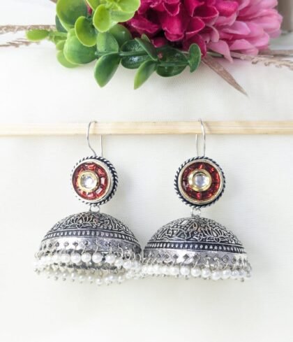 DUAL TONE EARRING JHUMKA PACHI KUNDAN -RED