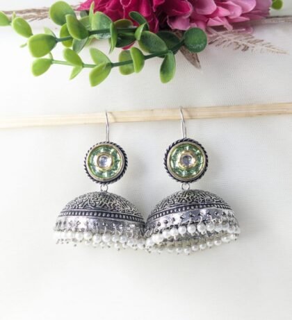 DUAL TONE EARRING JHUMKA PACHI KUNDAN -PARROT GREEN
