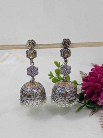 DUAI TONE JHUMKA STONE EARRING-PINK