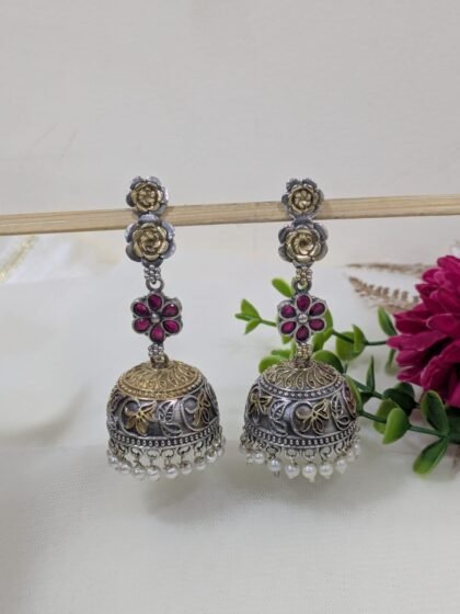 DUAI TONE JHUMKA STONE EARRING-RED